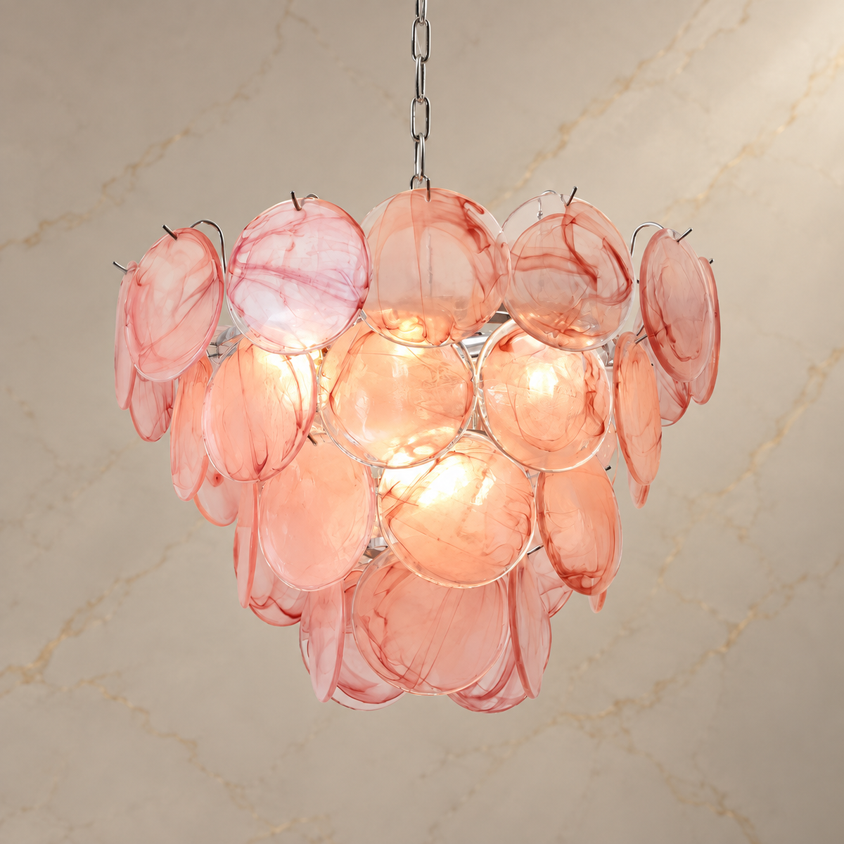blush glass disc cluster chandelier chrome 60x45cm light on