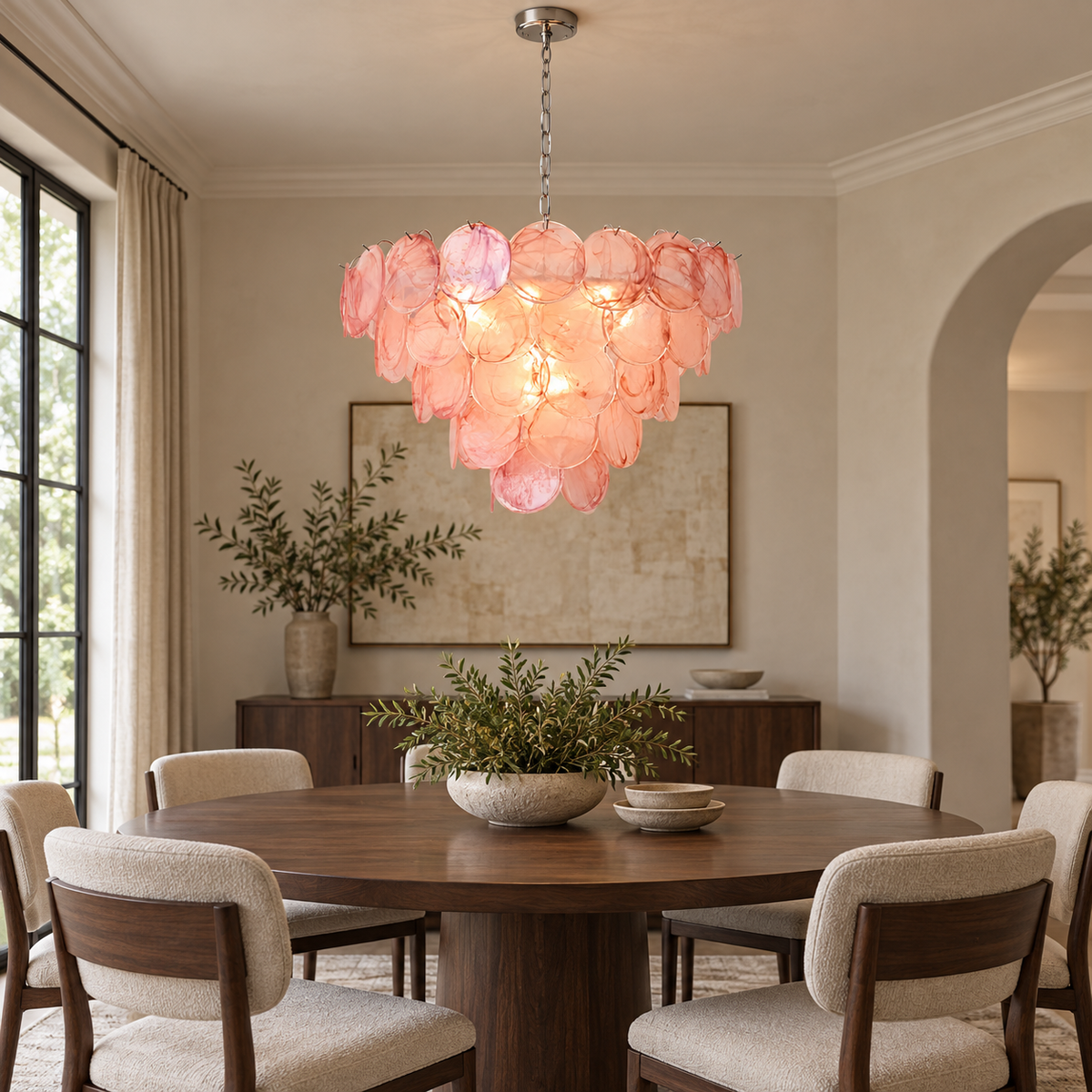 blush glass disc cluster chandelier dining room scene
