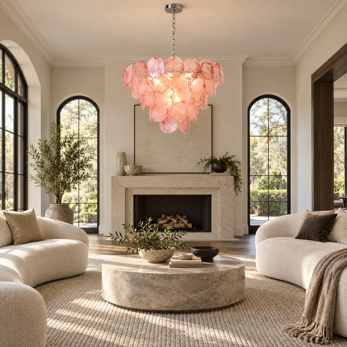 blush glass disc cluster chandelier living room scene