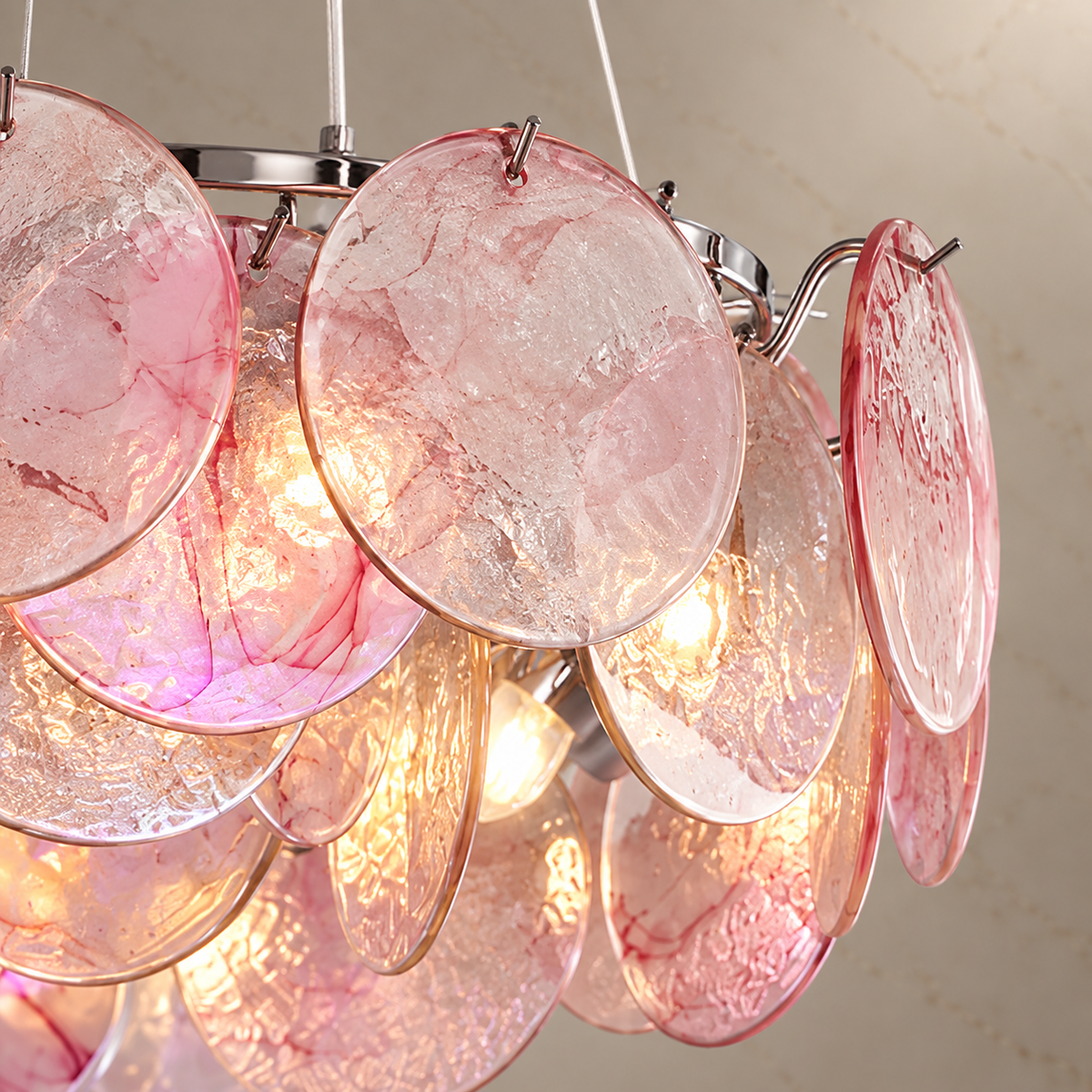 blush glass disc drum chandelier body detail
