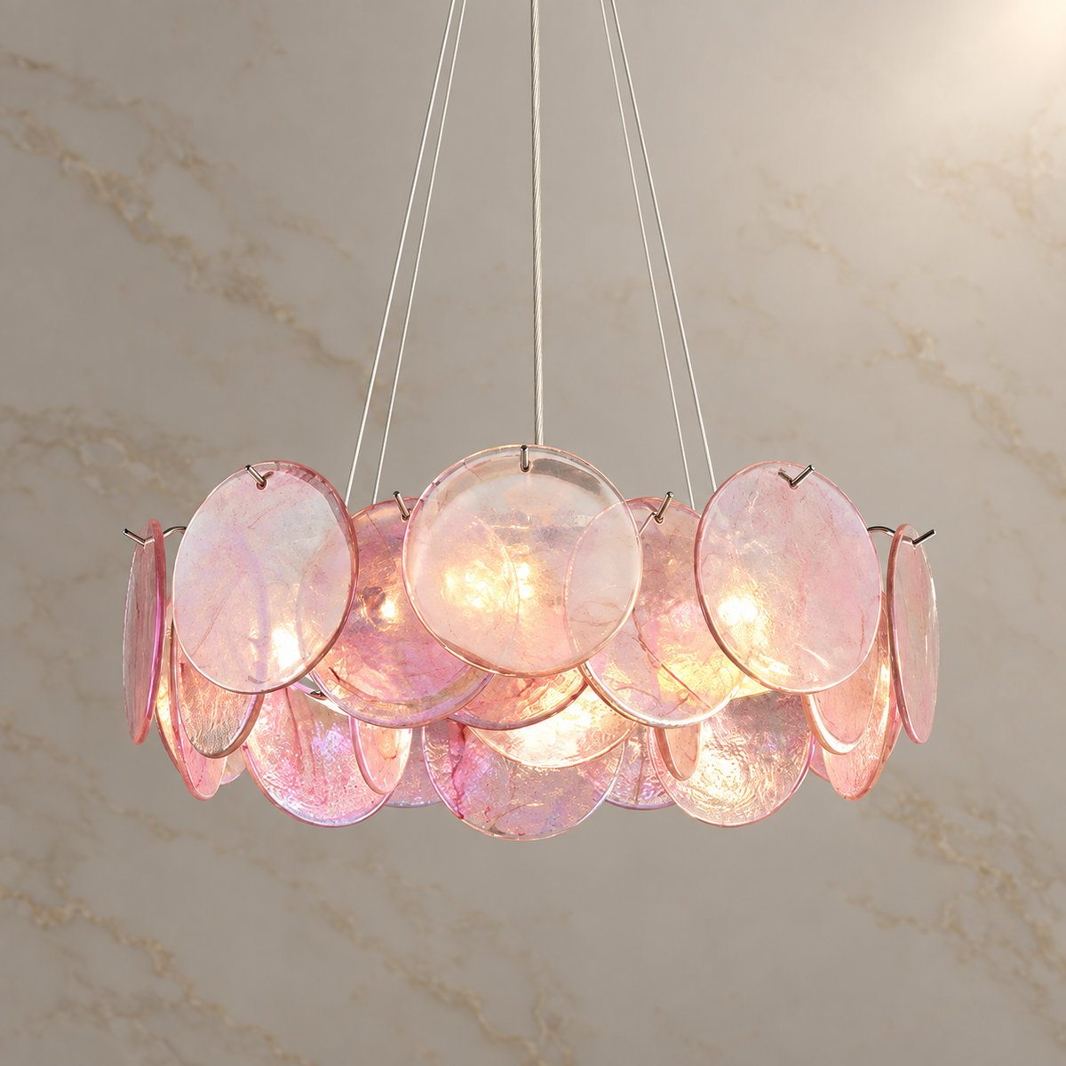 blush glass disc drum chandelier chrome 50x17cm light on