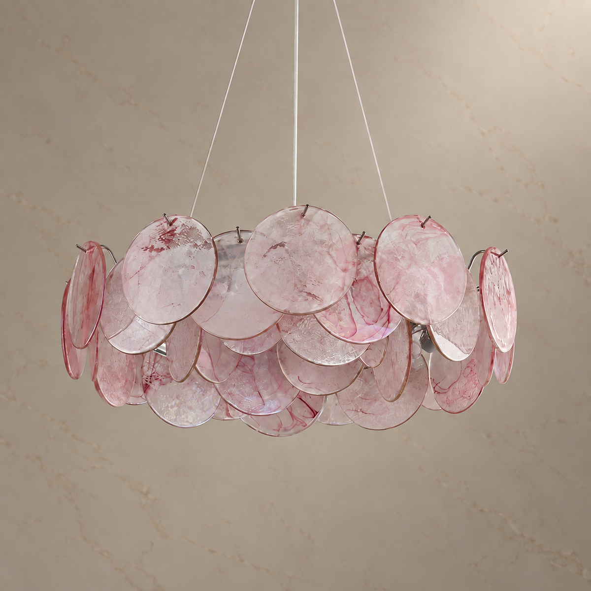 blush glass disc drum chandelier chrome 60x17cm light off