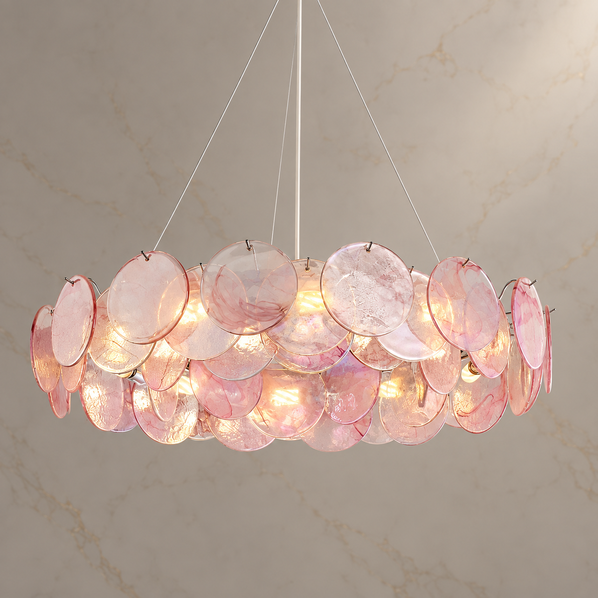 blush glass disc drum chandelier chrome 80x17cm light on