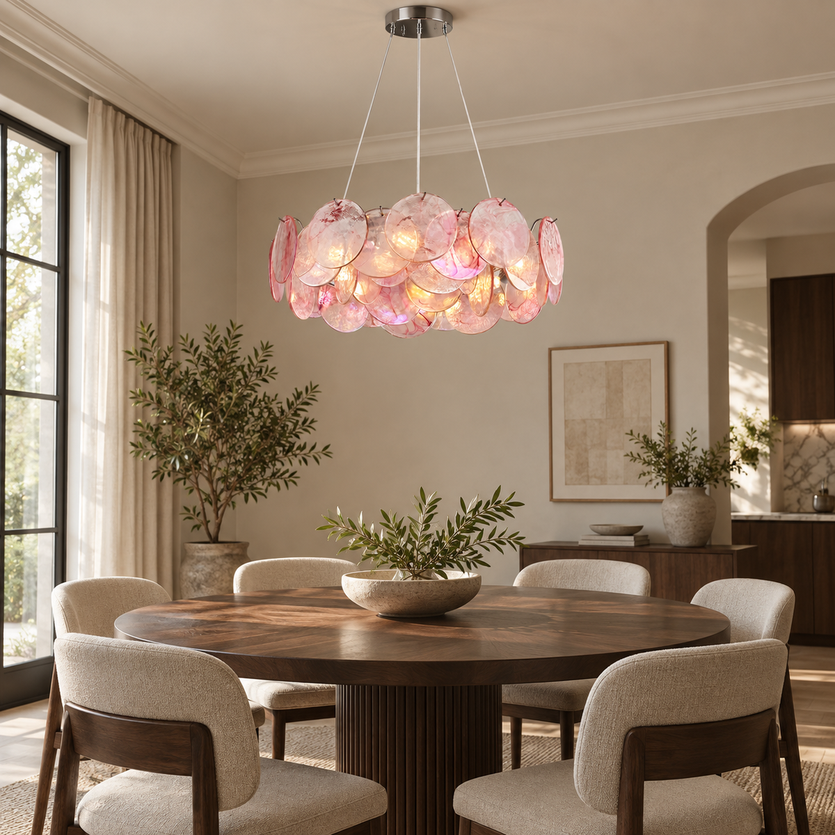 blush glass disc drum chandelier dining room scene