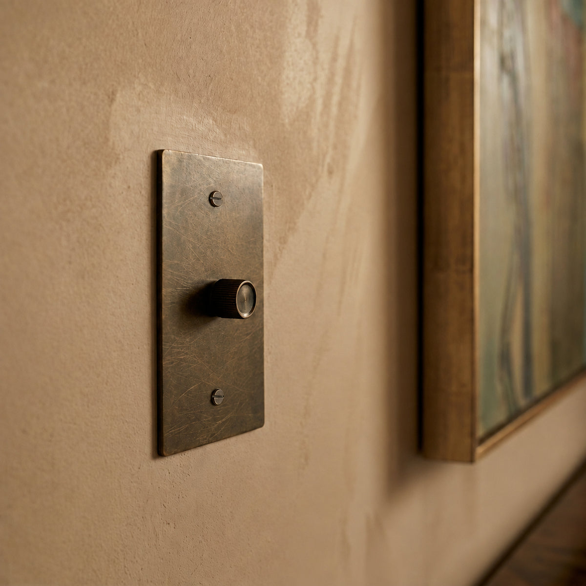 Brass Rotary Dimmer Switch installed in an interior, view 37 — seamless faceplate | CARRA HOME