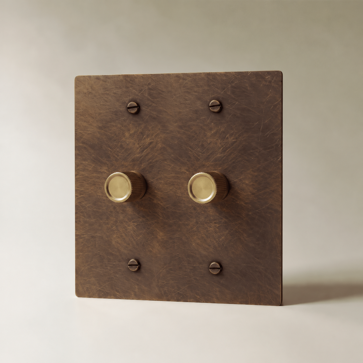 Brass Rotary Dimmer Switch, Vintage Brass with Patina 2 Gang product view — seamless faceplate | CARRA HOME