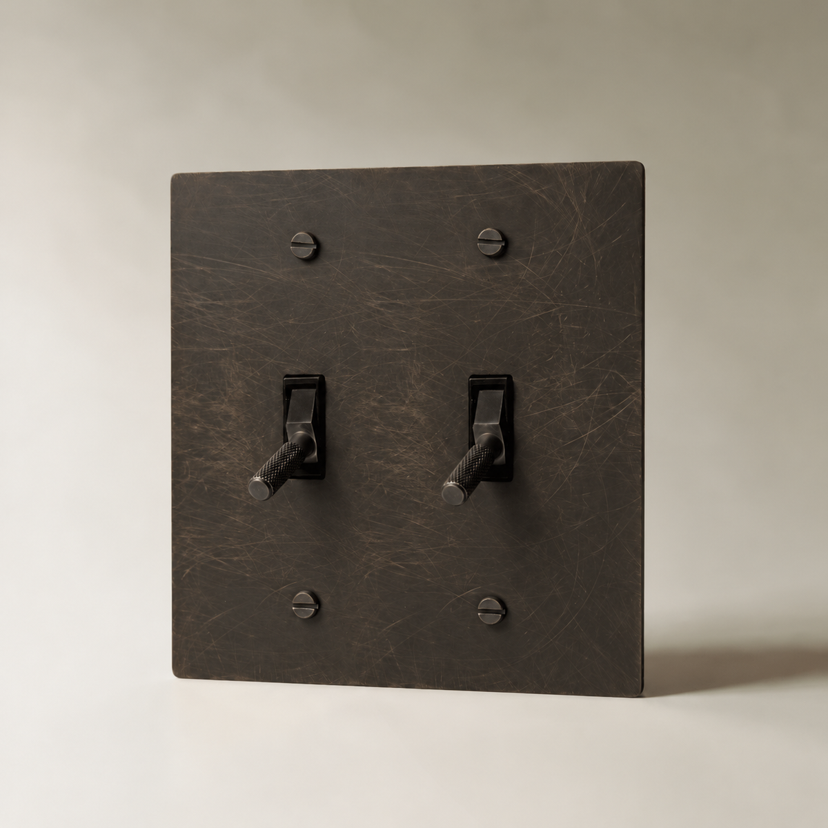 Brass Toggle Switch, Bronze with Patina 2 Gang product view — seamless faceplate | CARRA HOME