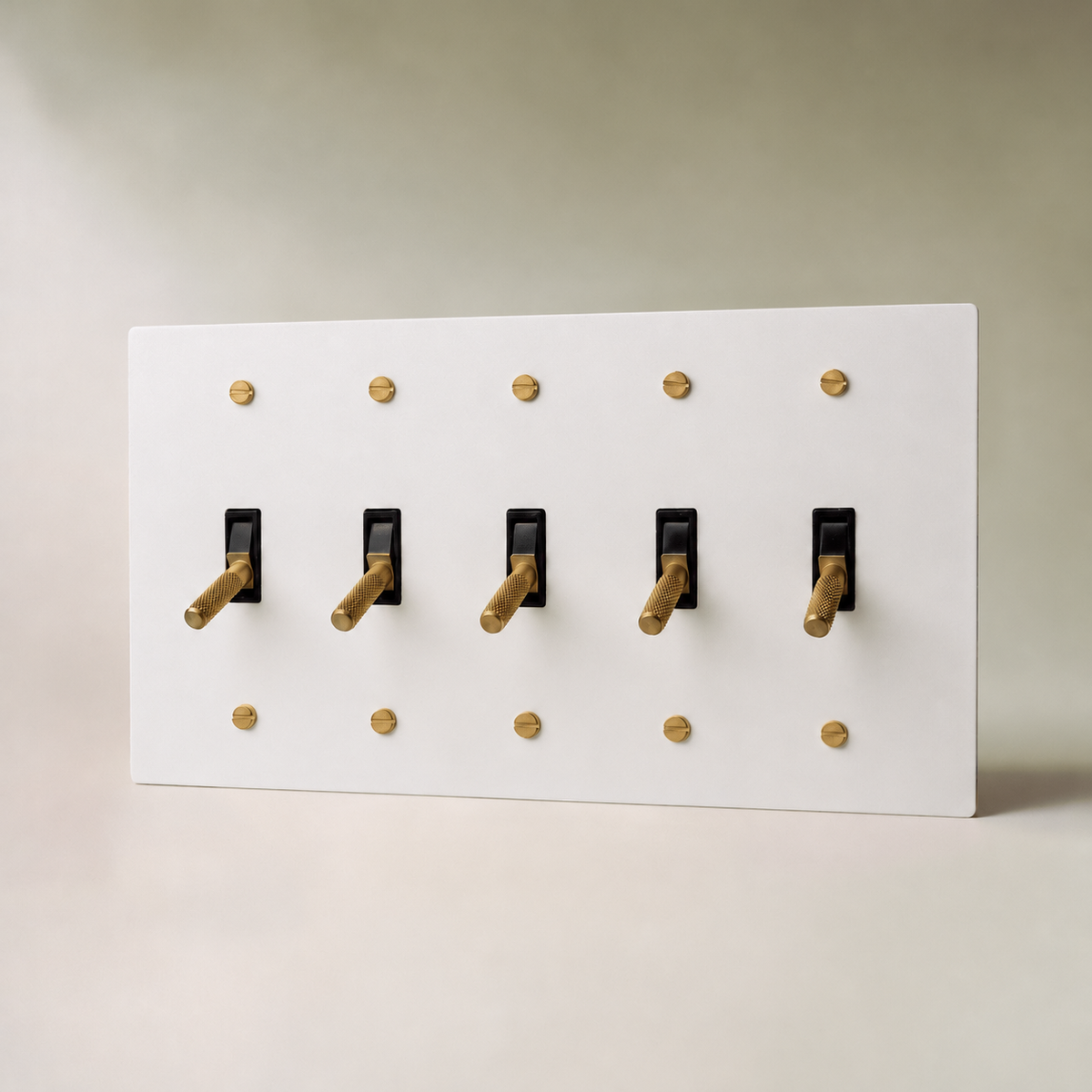 Brass Toggle Switch, White with Brass 5 Gang product view — seamless faceplate | CARRA HOME