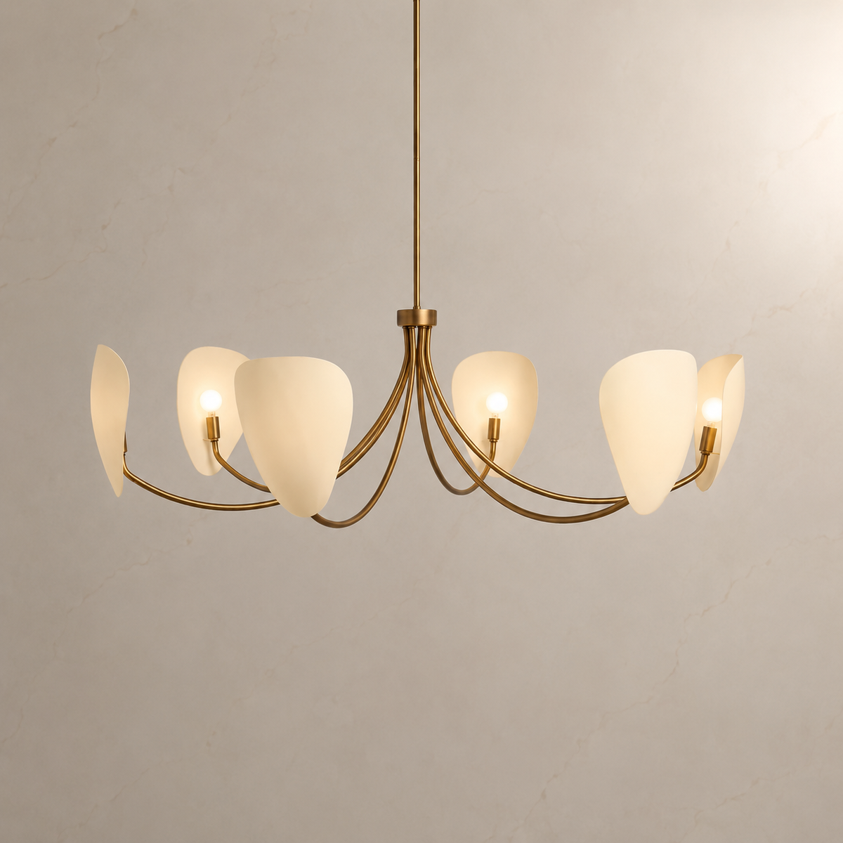 Brevin antique brass petal shade chandelier illuminated