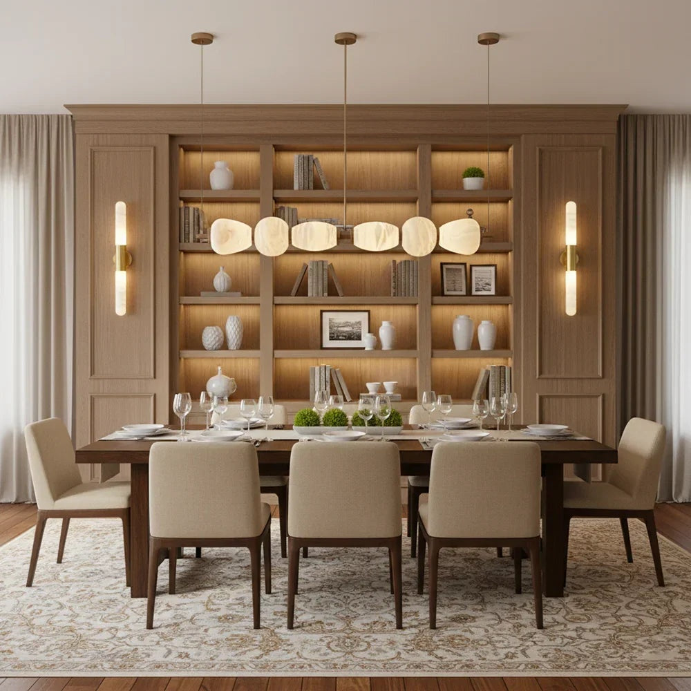 Alabaster pebble chandelier above a dining table with built-in shelves | CARRA HOME