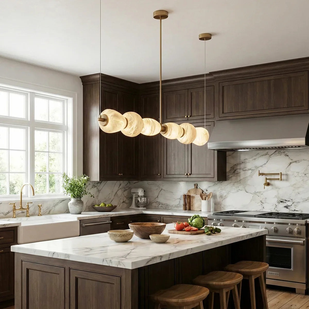 Gold alabaster pebble chandelier above a kitchen island | CARRA HOME