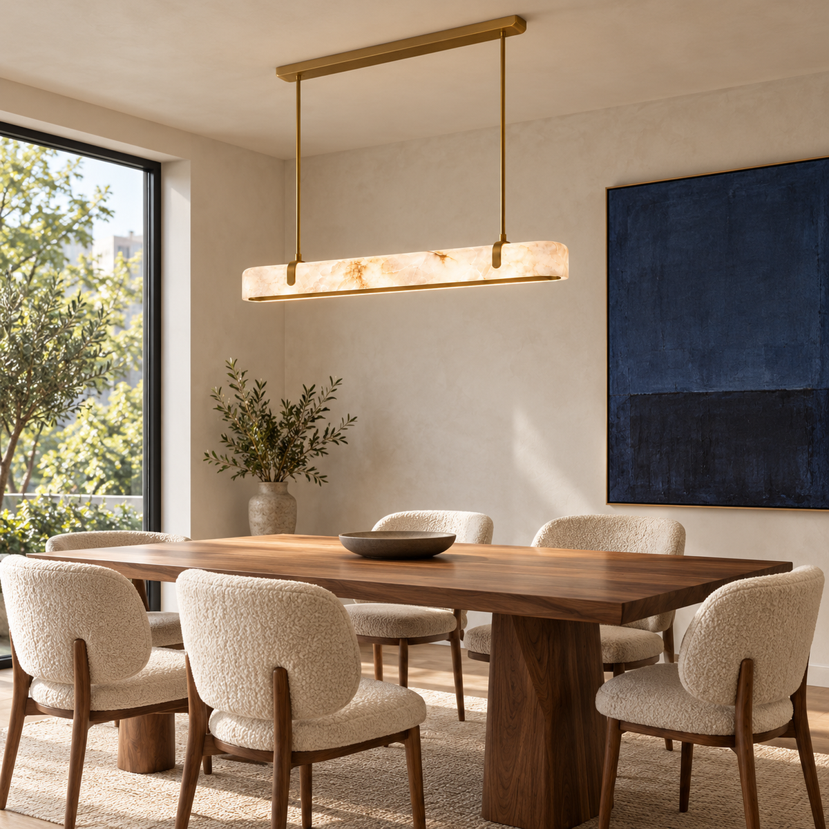 Calen Alabaster Linear Chandelier — Gold alabaster linear chandelier in a neutral dining room | CARRA HOME