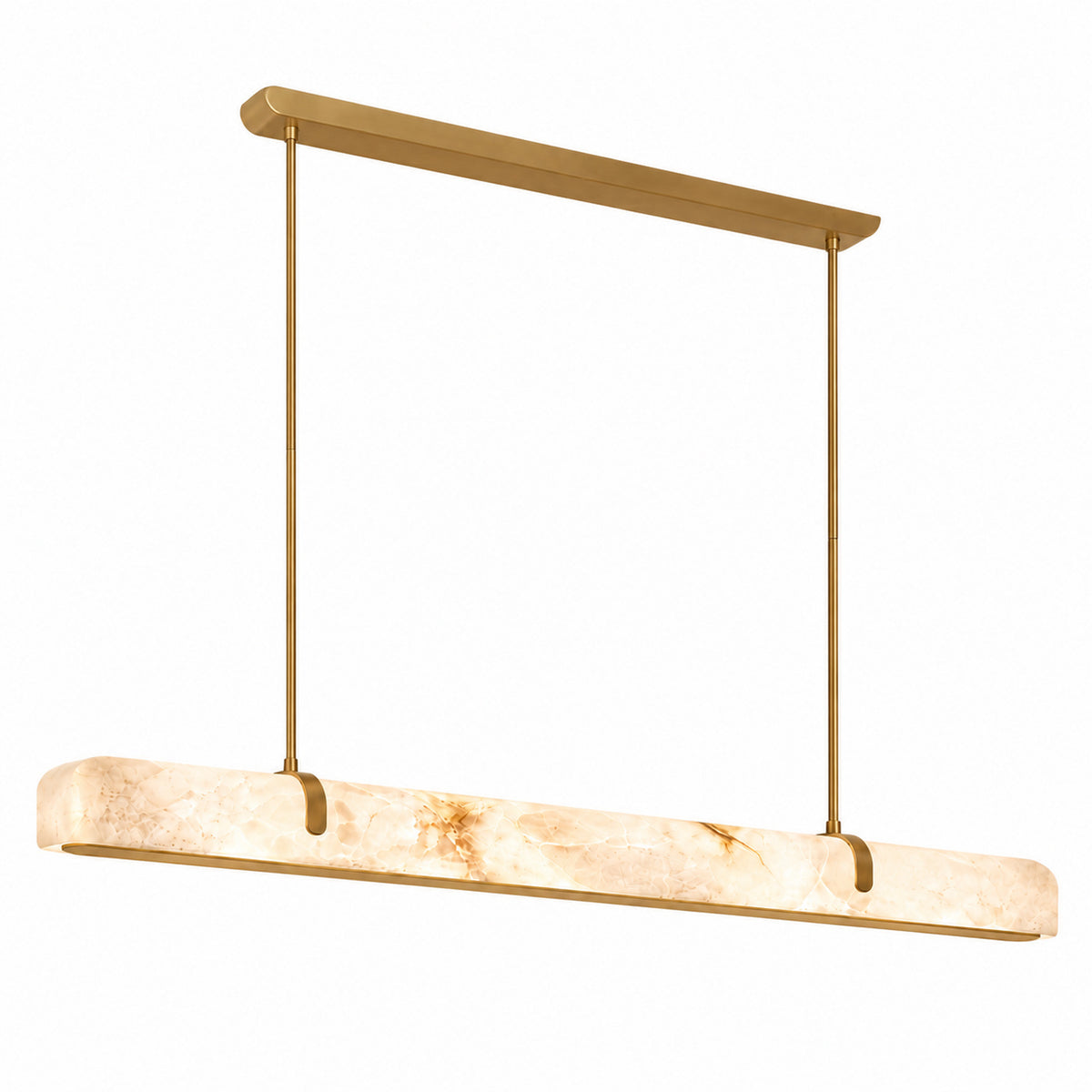 Calen Alabaster Linear Chandelier — Gold 150 cm alabaster chandelier with two brass rods on a white background | CARRA HOME