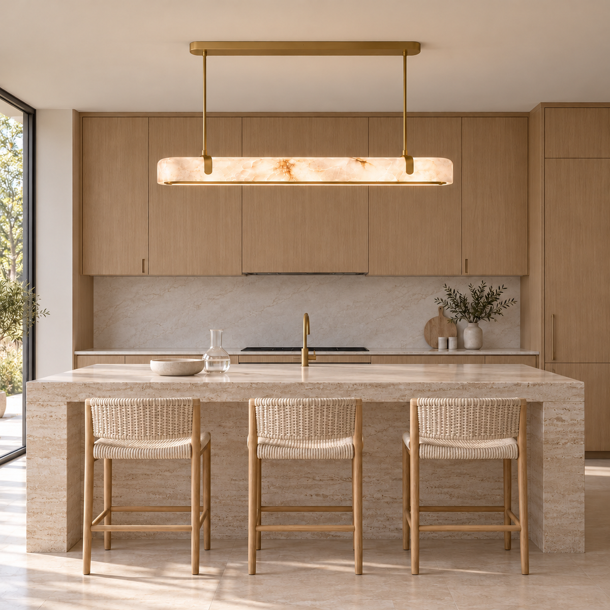 Calen Alabaster Linear Chandelier — Alabaster linear chandelier centered above a light oak kitchen island | CARRA HOME