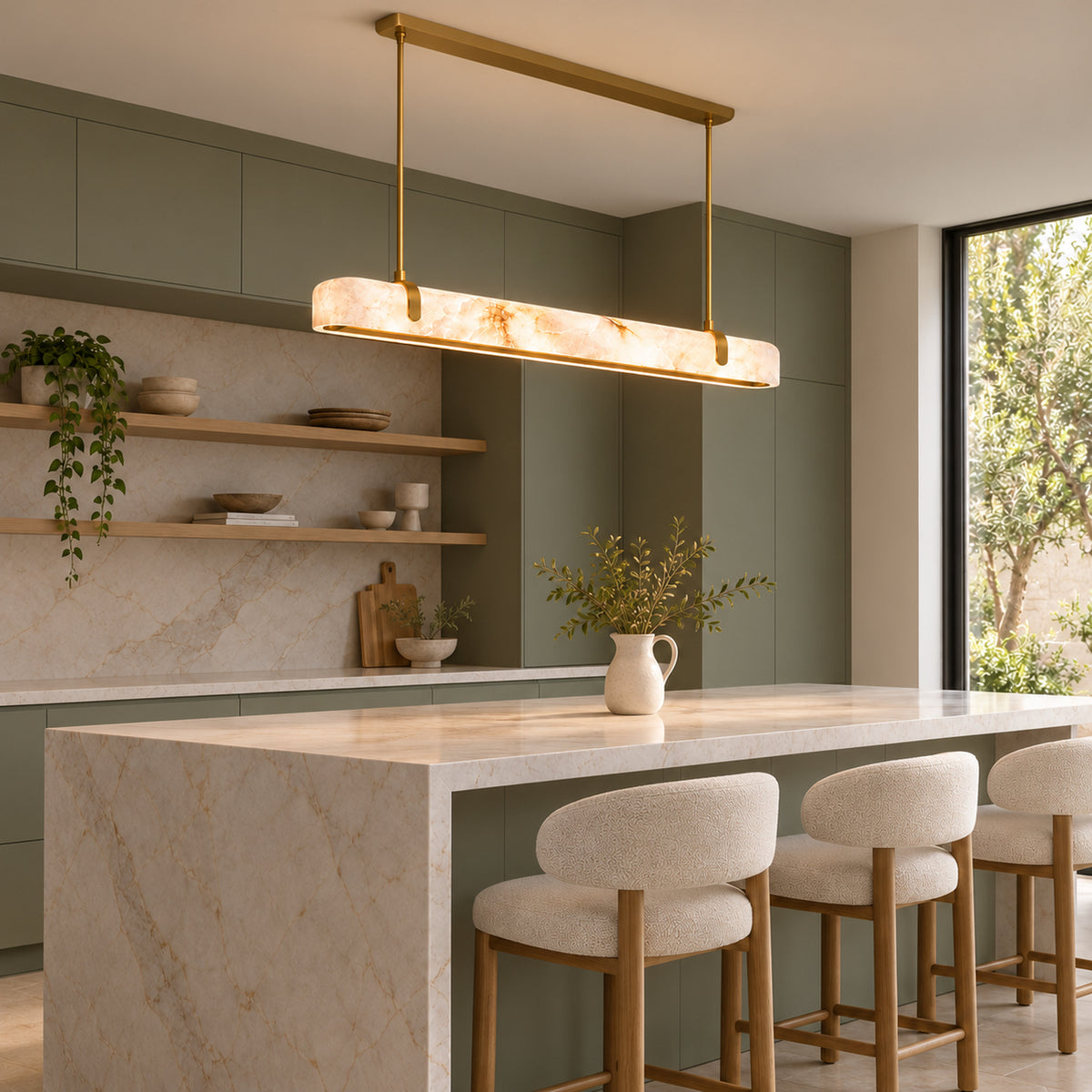 Calen Alabaster Linear Chandelier — Gold linear alabaster chandelier above an island in a sage kitchen | CARRA HOME