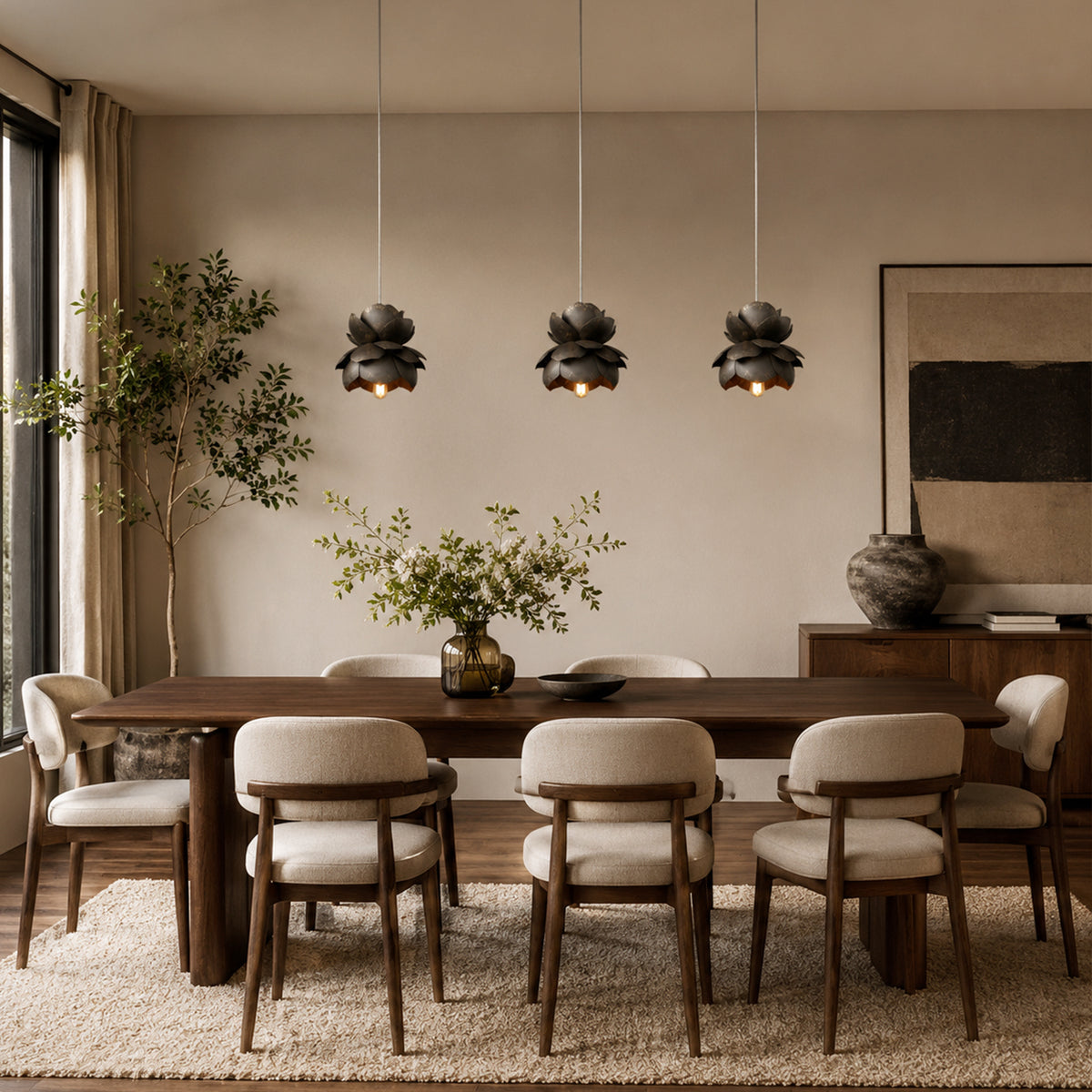 Camellia Metal Flower Pendant Light above a dining table