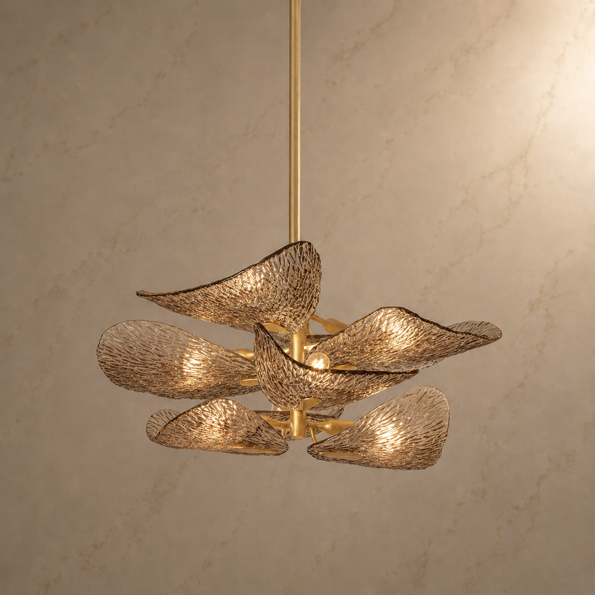 Cardiff glass leaf chandelier alternate illuminated view
