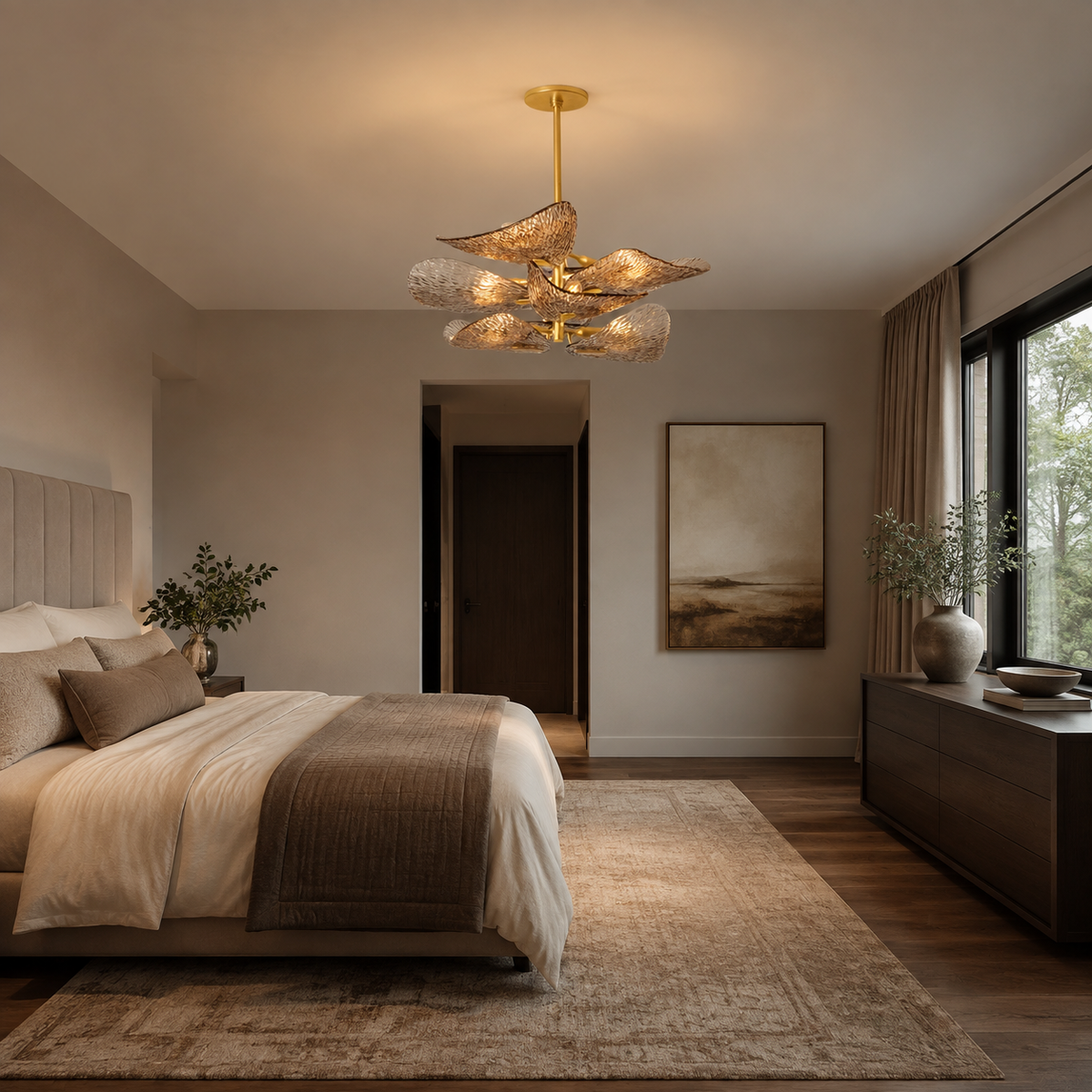 Cardiff gold glass leaf chandelier in a bedroom