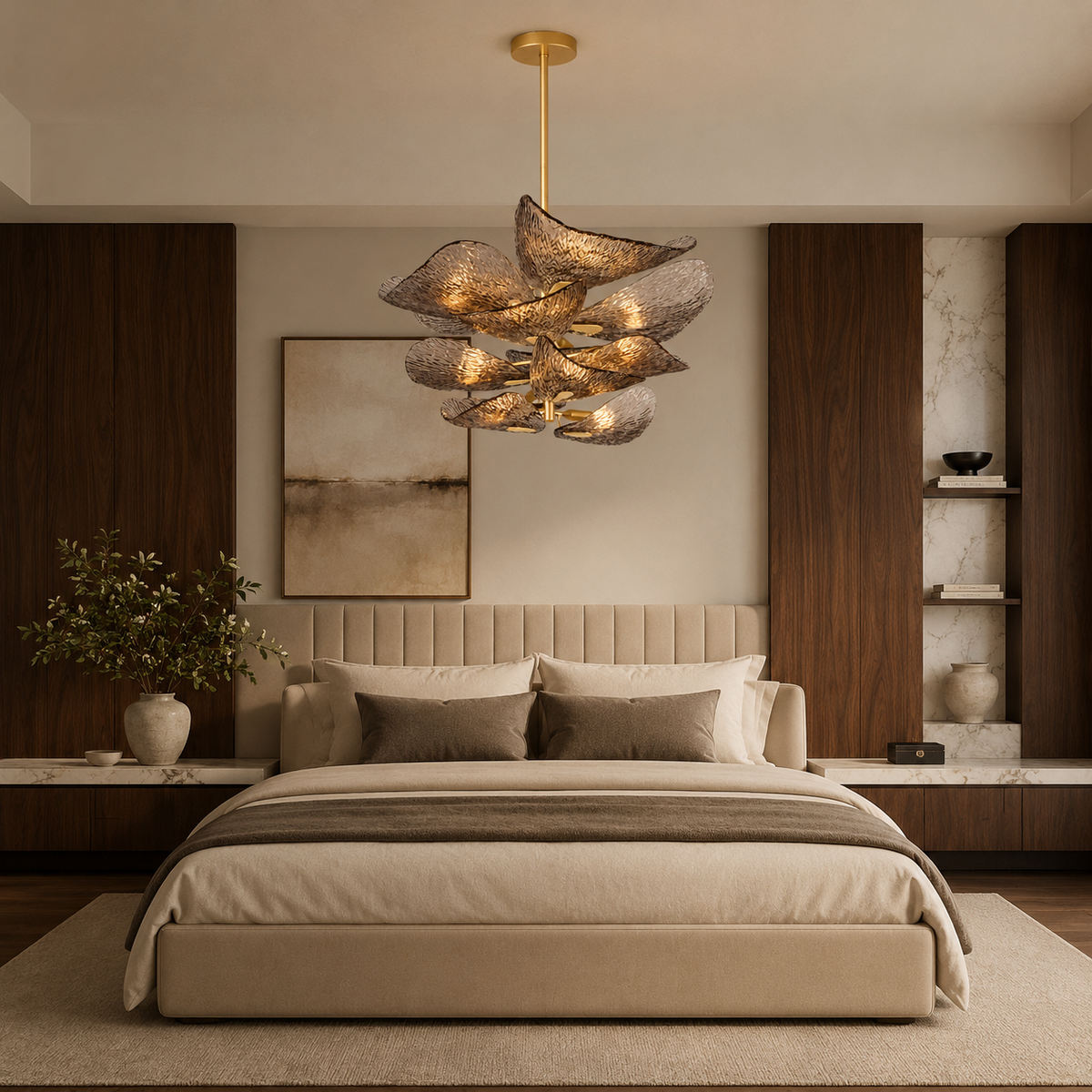 Cardiff gold glass leaf chandelier in bedroom