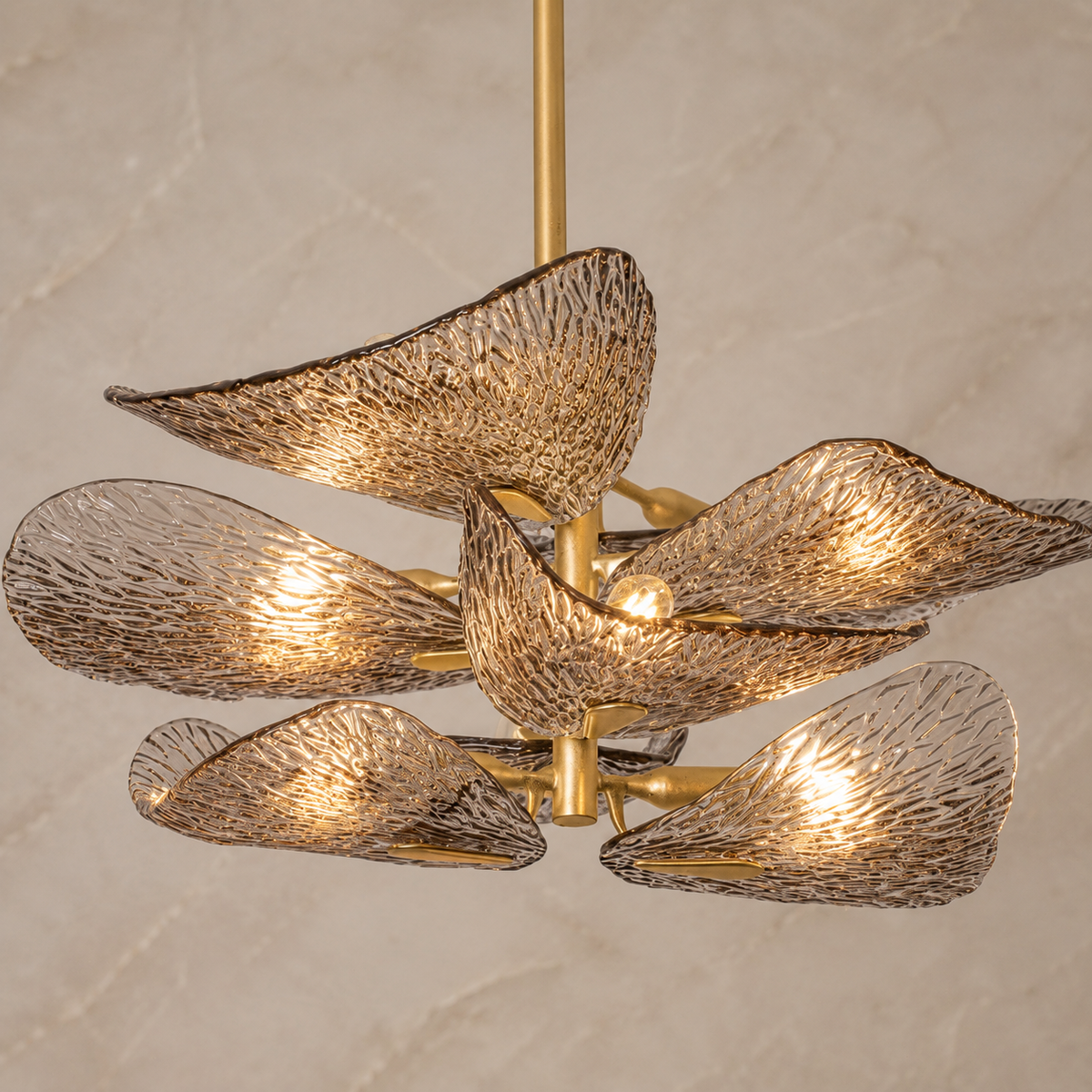 Cardiff textured smoky glass leaf chandelier body detail