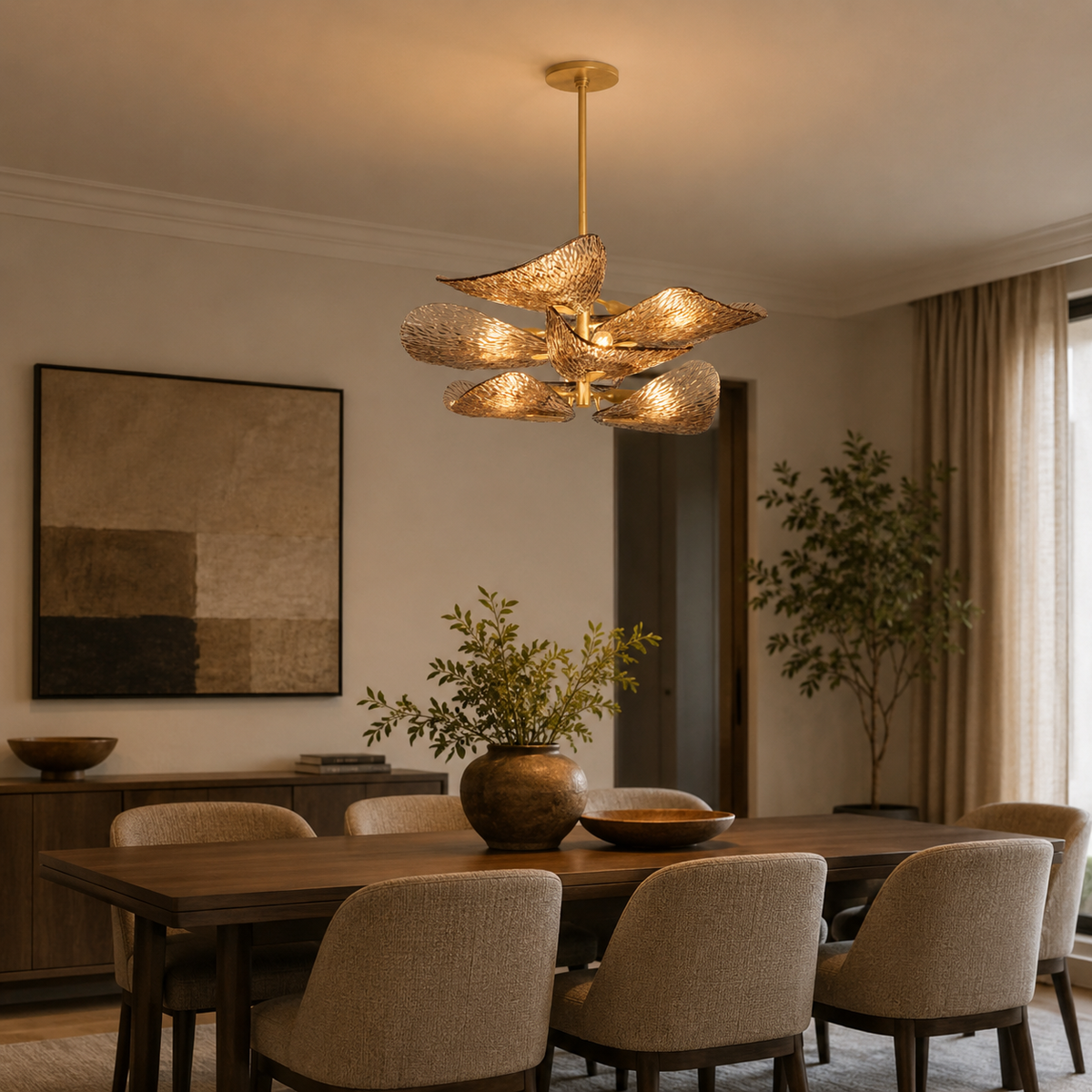 Cardiff gold glass leaf chandelier in a dining room