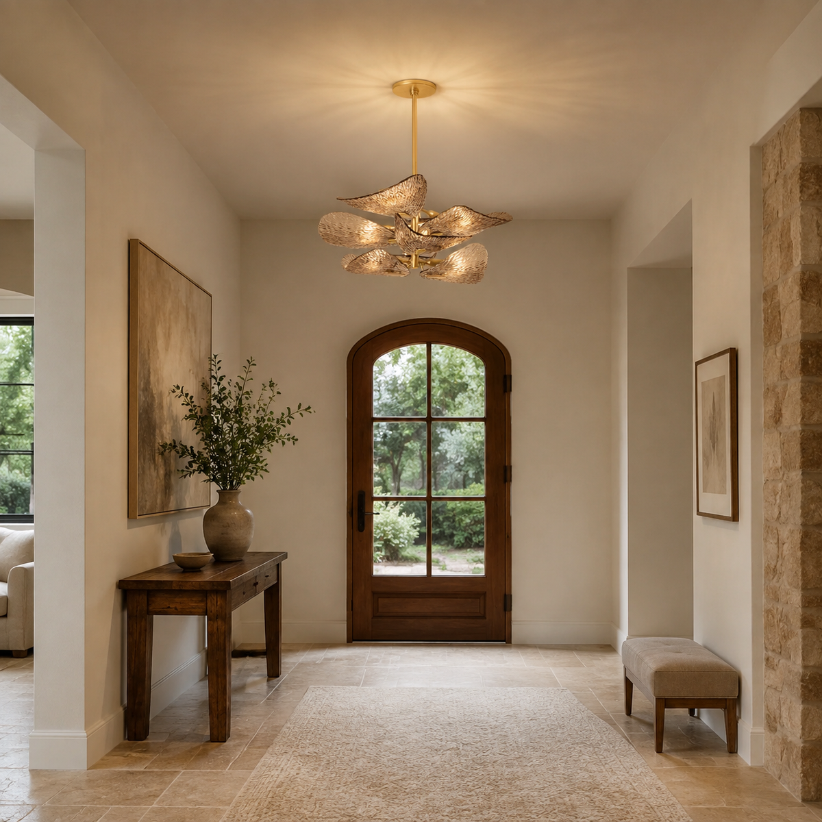 Cardiff gold glass leaf chandelier in an entry foyer