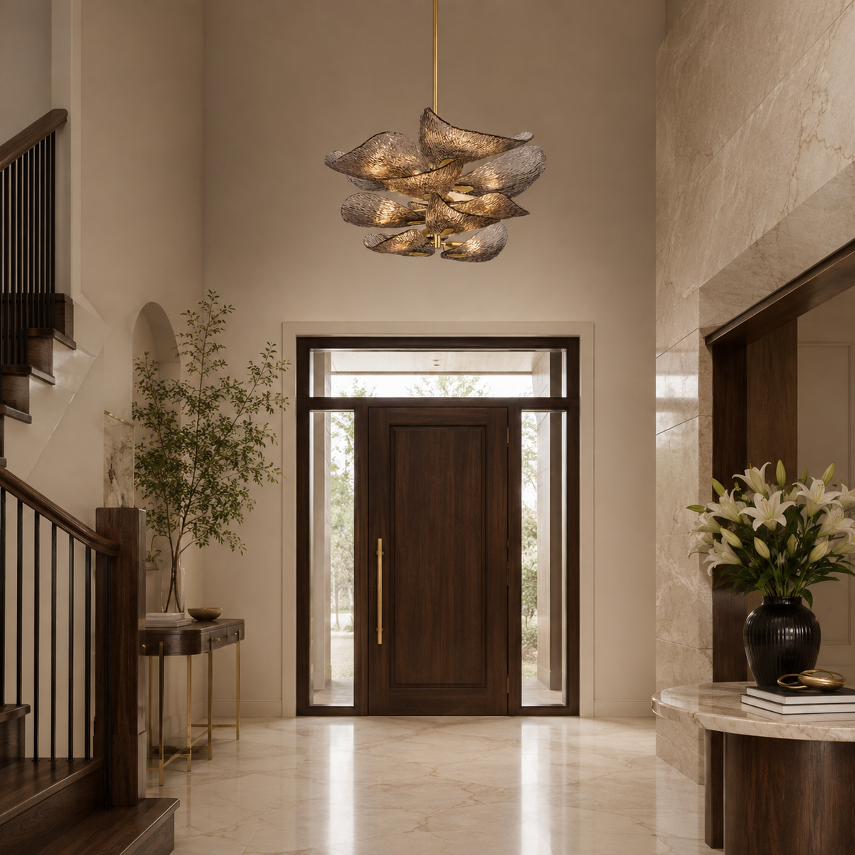 Cardiff gold glass leaf chandelier in foyer
