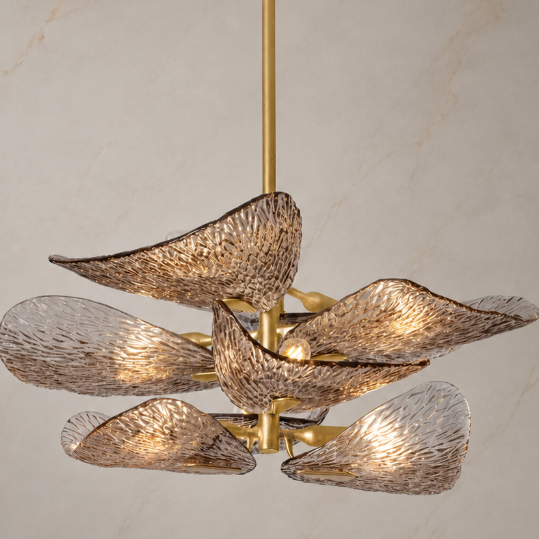 Cardiff Glass Leaf Semi-Flush Chandelier illuminated