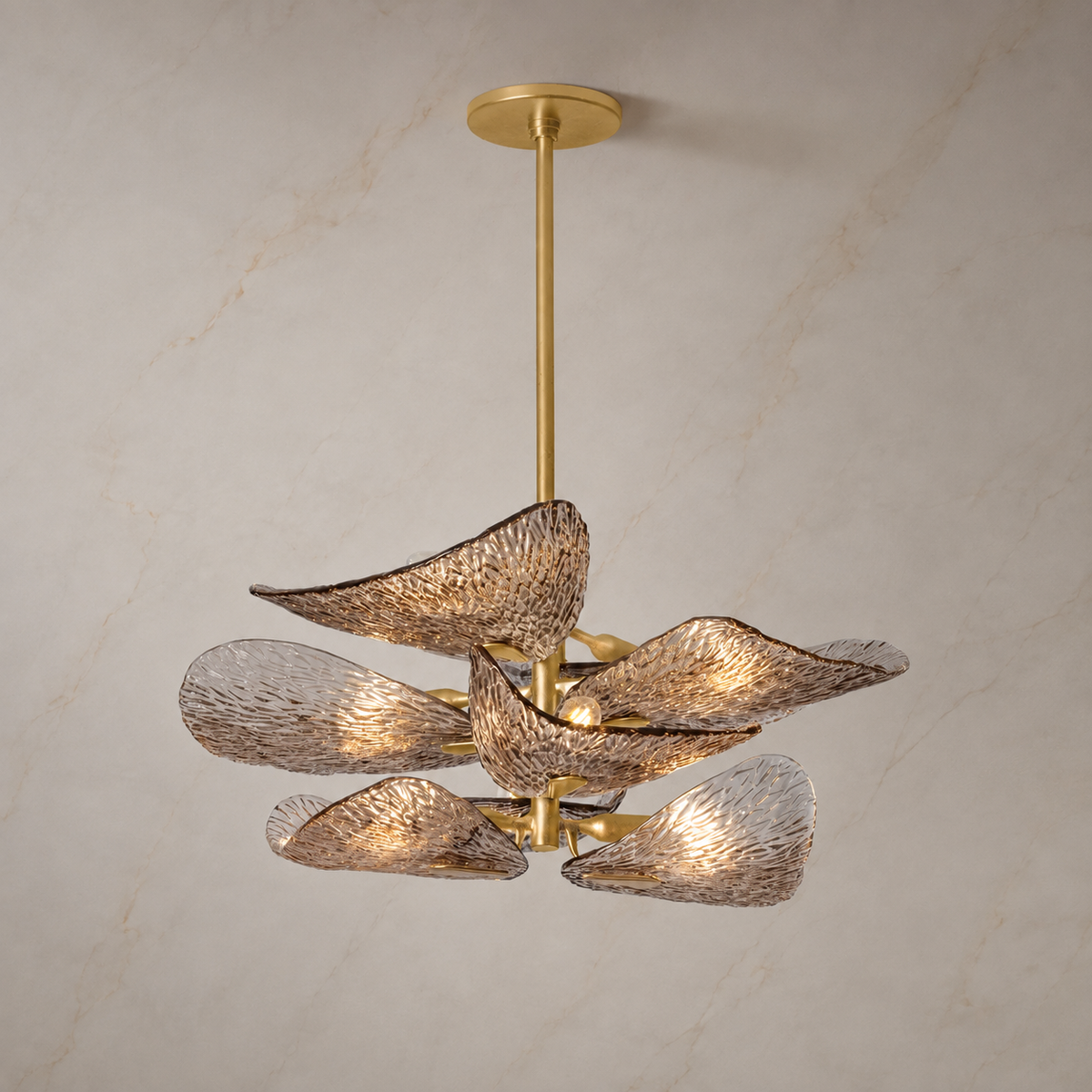 Cardiff vintage gold glass leaf semi-flush chandelier illuminated