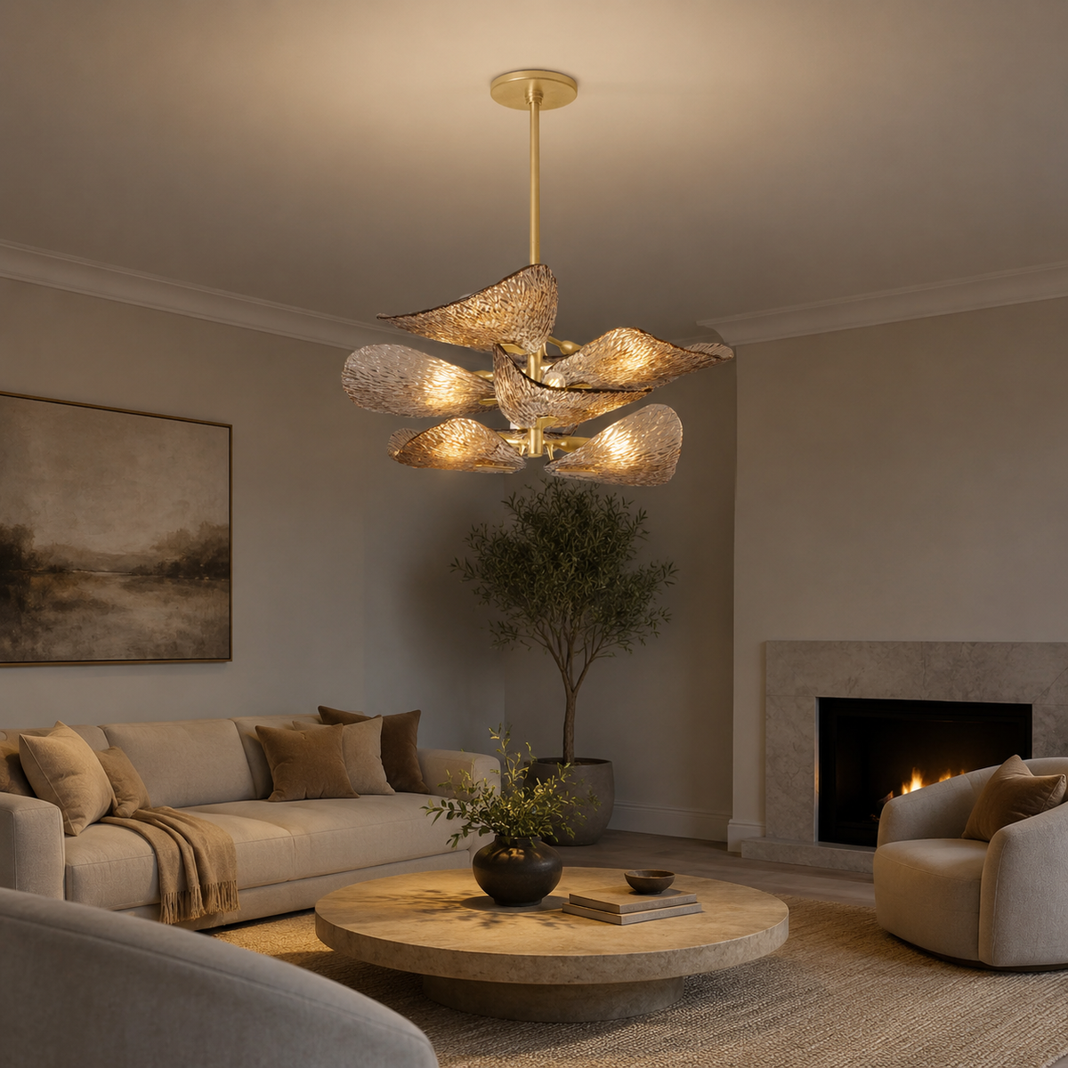 Cardiff gold glass leaf chandelier in a living room