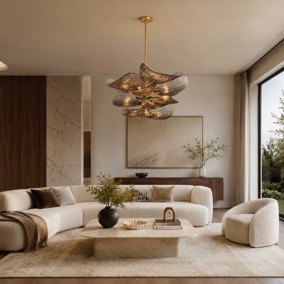 Cardiff gold glass leaf chandelier in living room
