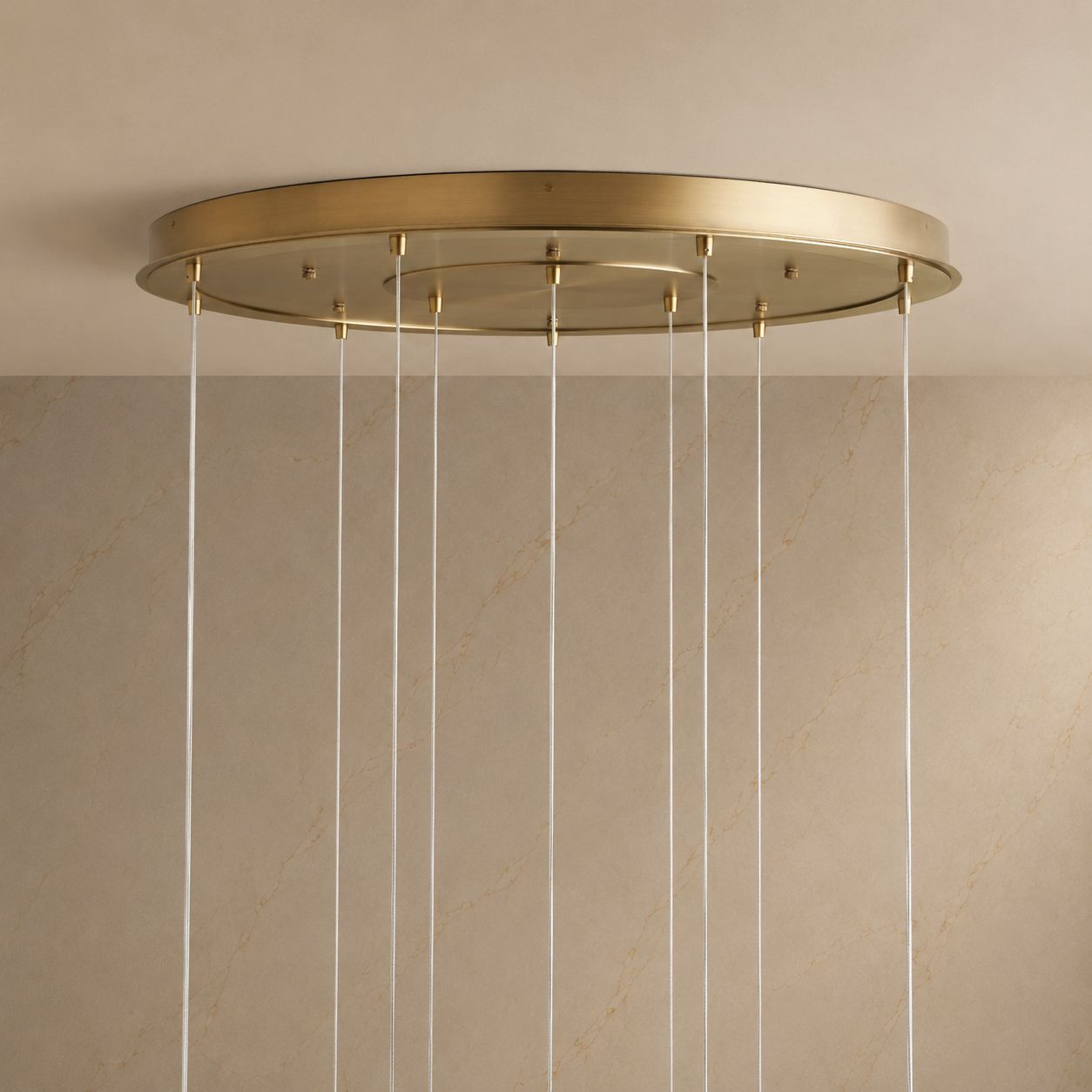 Top view of Casen Chandelier mounting plate — circular brushed brass canopy, secure cable routing, and adjustable suspension system for precise height control | Carra Home