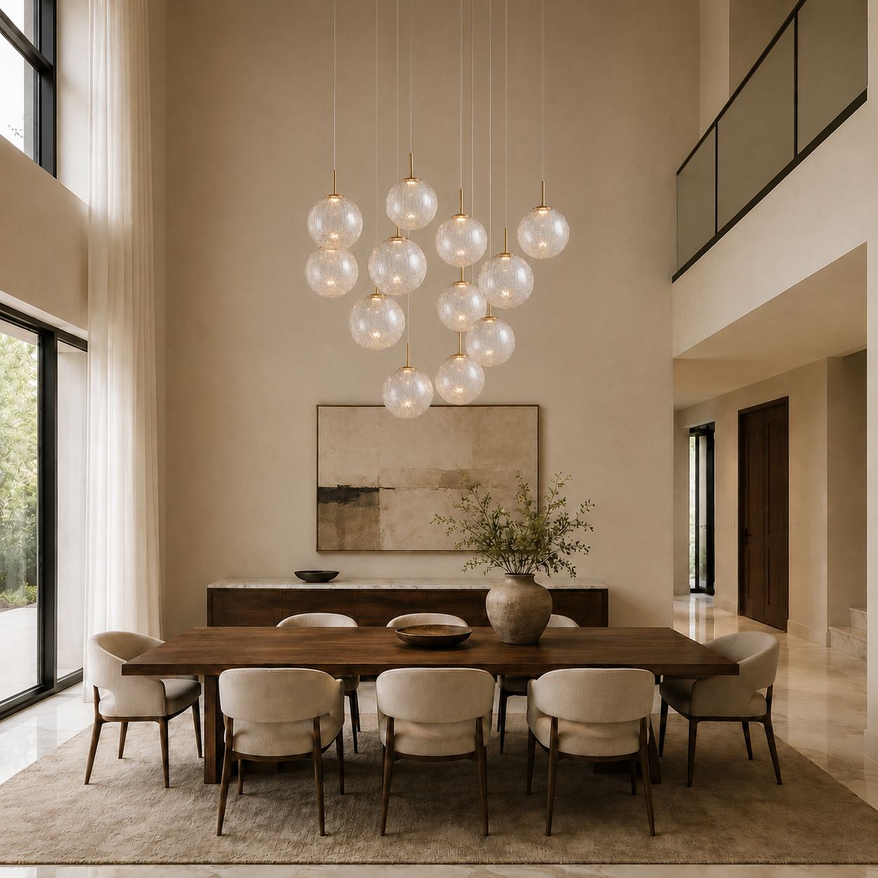 Casen Chandelier centered over formal dining table — neutral linen chairs, textured rug, large canvas art, and balanced illumination for intimate meals | Carra Home