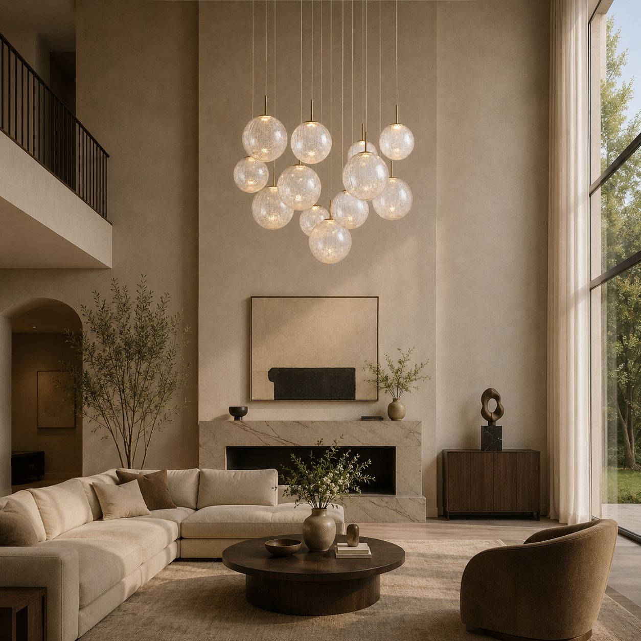 Casen Chandelier above living room seating area — beige L-sofa, wooden coffee table, floor-to-ceiling windows, and soft golden glow for cozy modern living | Carra Home