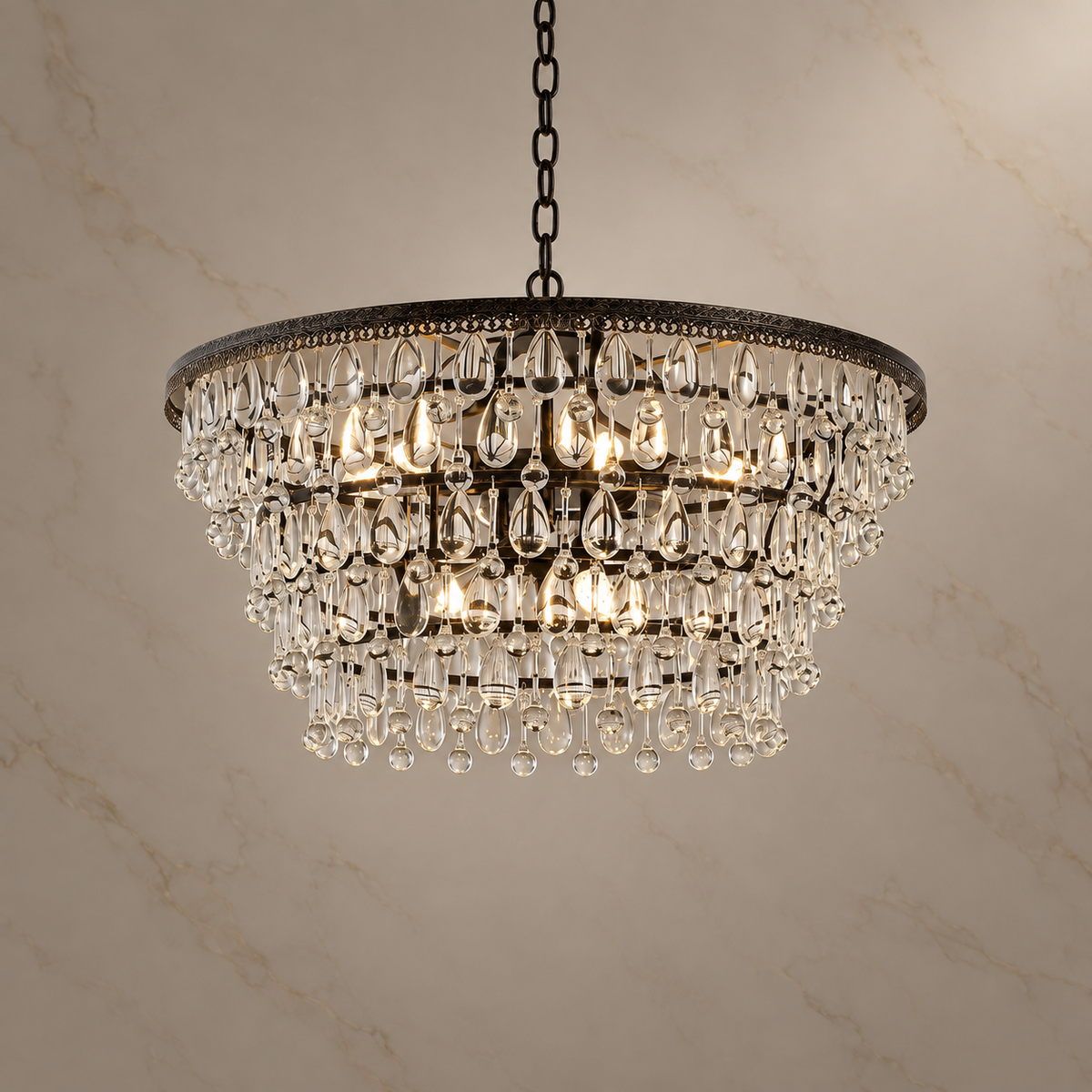 Celeste Crystal Teardrop Round Chandelier illuminated