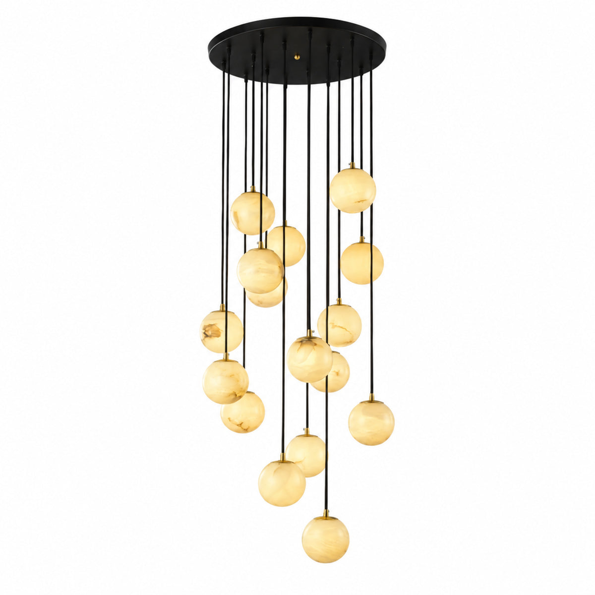 Celestelle Alabaster Globe Cluster Chandelier, 16 lights with black canopy on white background | CARRA HOME