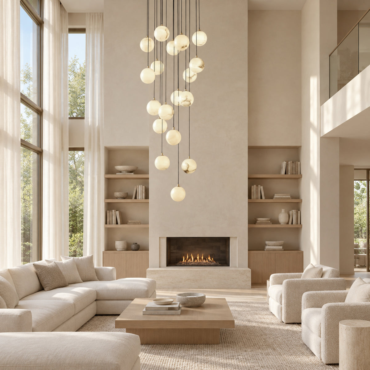 Celestelle Alabaster Globe Cluster Chandelier, 16 lights in a double-height living room | CARRA HOME
