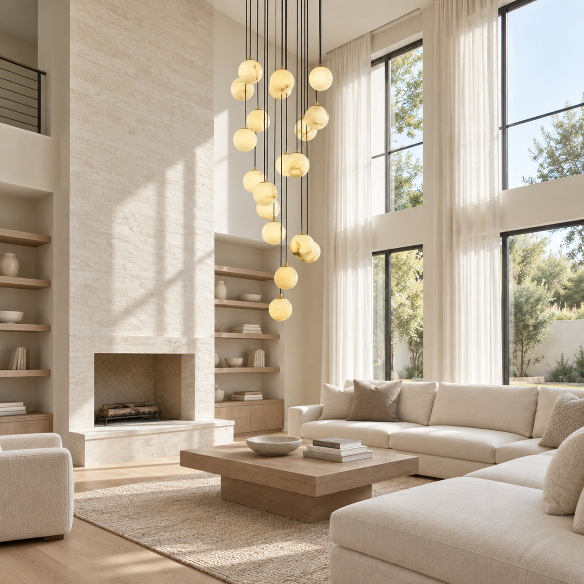 Celestelle Alabaster Globe Cluster Chandelier, 16 lights in a high-ceiling living room | CARRA HOME