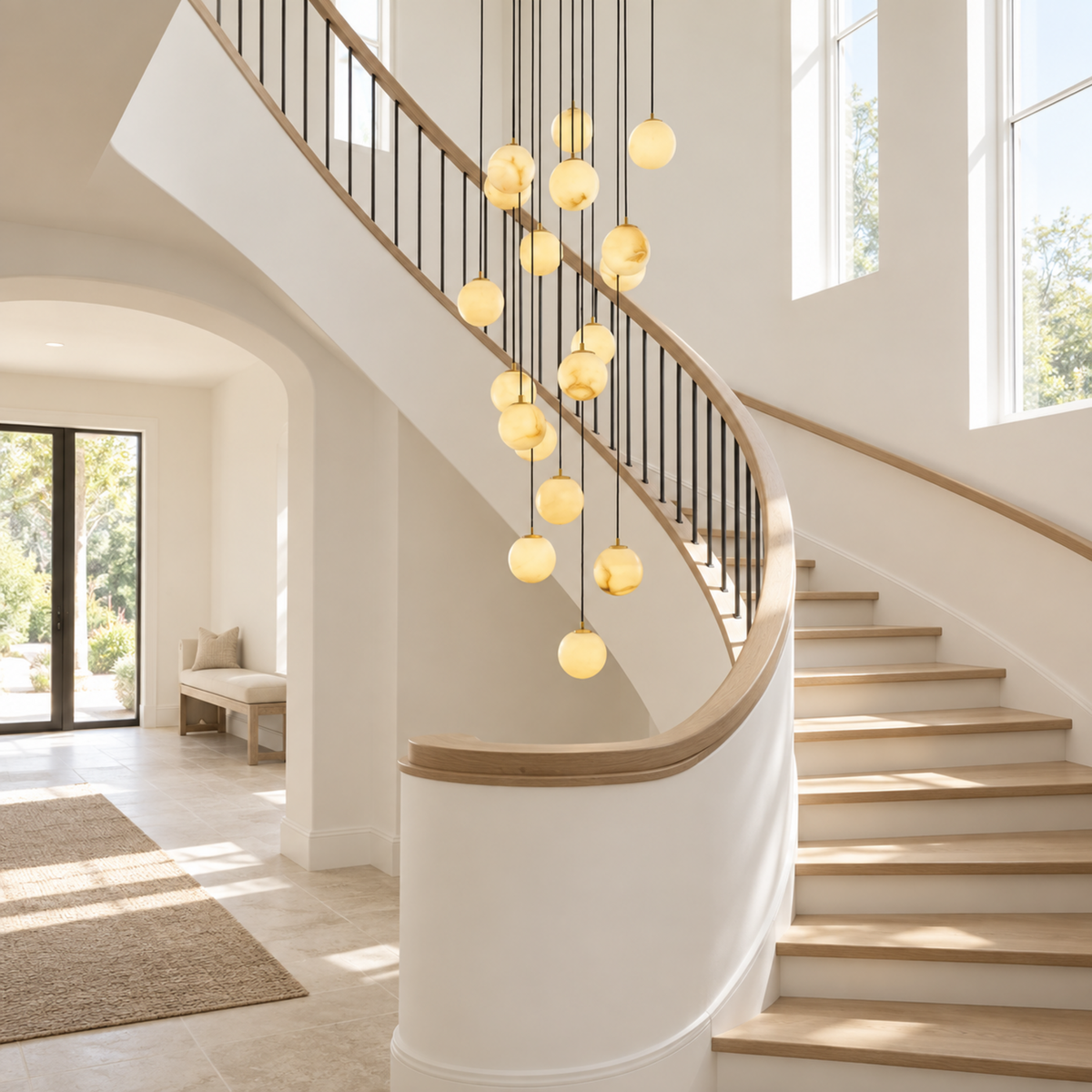 Celestelle Alabaster Globe Cluster Chandelier, 16 lights in a high-ceiling staircase | CARRA HOME