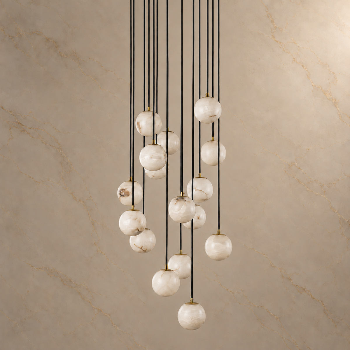 Celestelle Alabaster Globe Cluster Chandelier, 16 natural alabaster globes with black suspension cords and gold details, light off | CARRA HOME