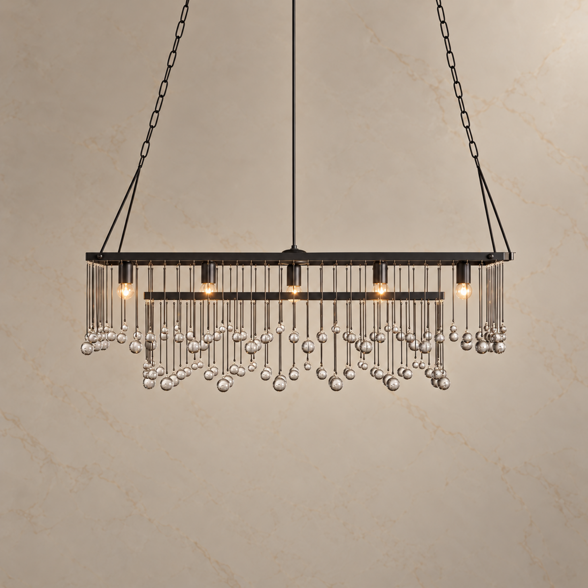 Celestine clear crystal ball linear chandelier in black, light on