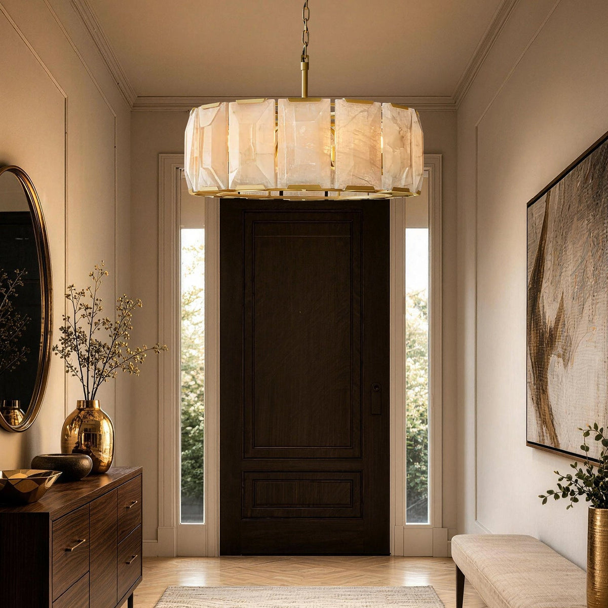 Celestique Alabaster Drum Chandelier in a foyer