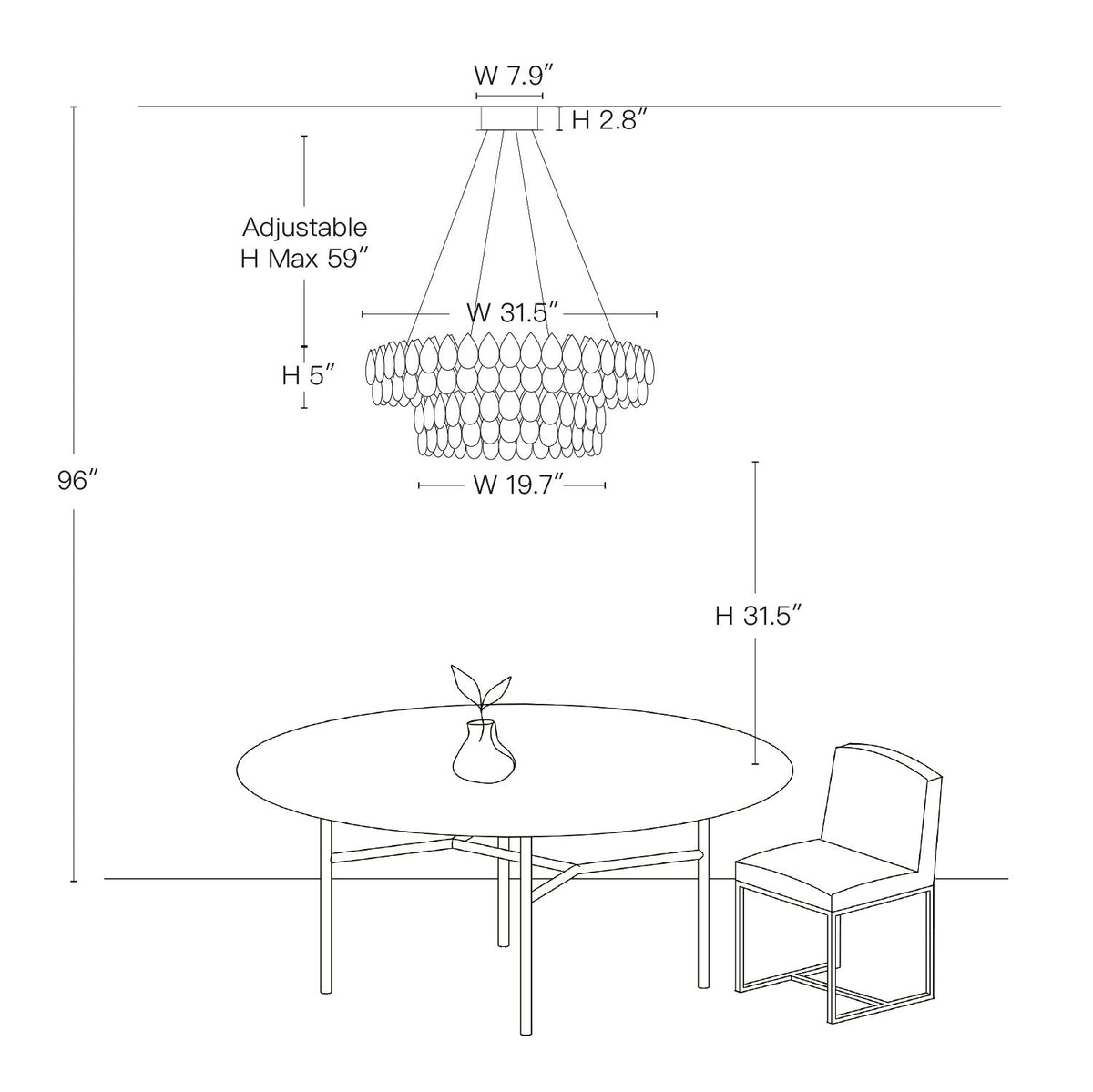 Celia Crystal Teardrop Chandelier dimension diagram