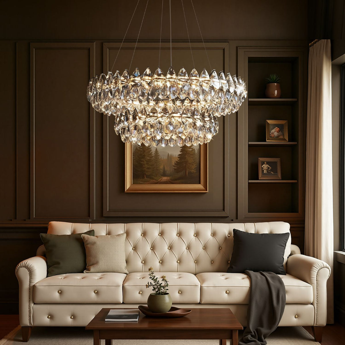 Celia Crystal Teardrop Chandelier in a living room