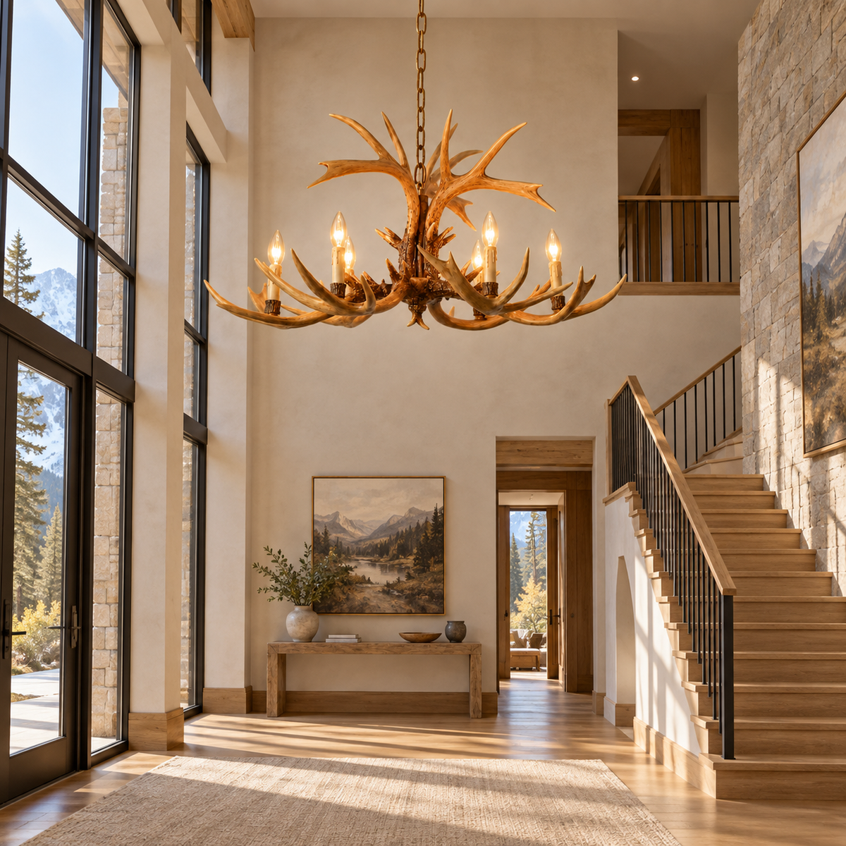 Cervan antler chandelier in a double-height foyer | CARRA HOME