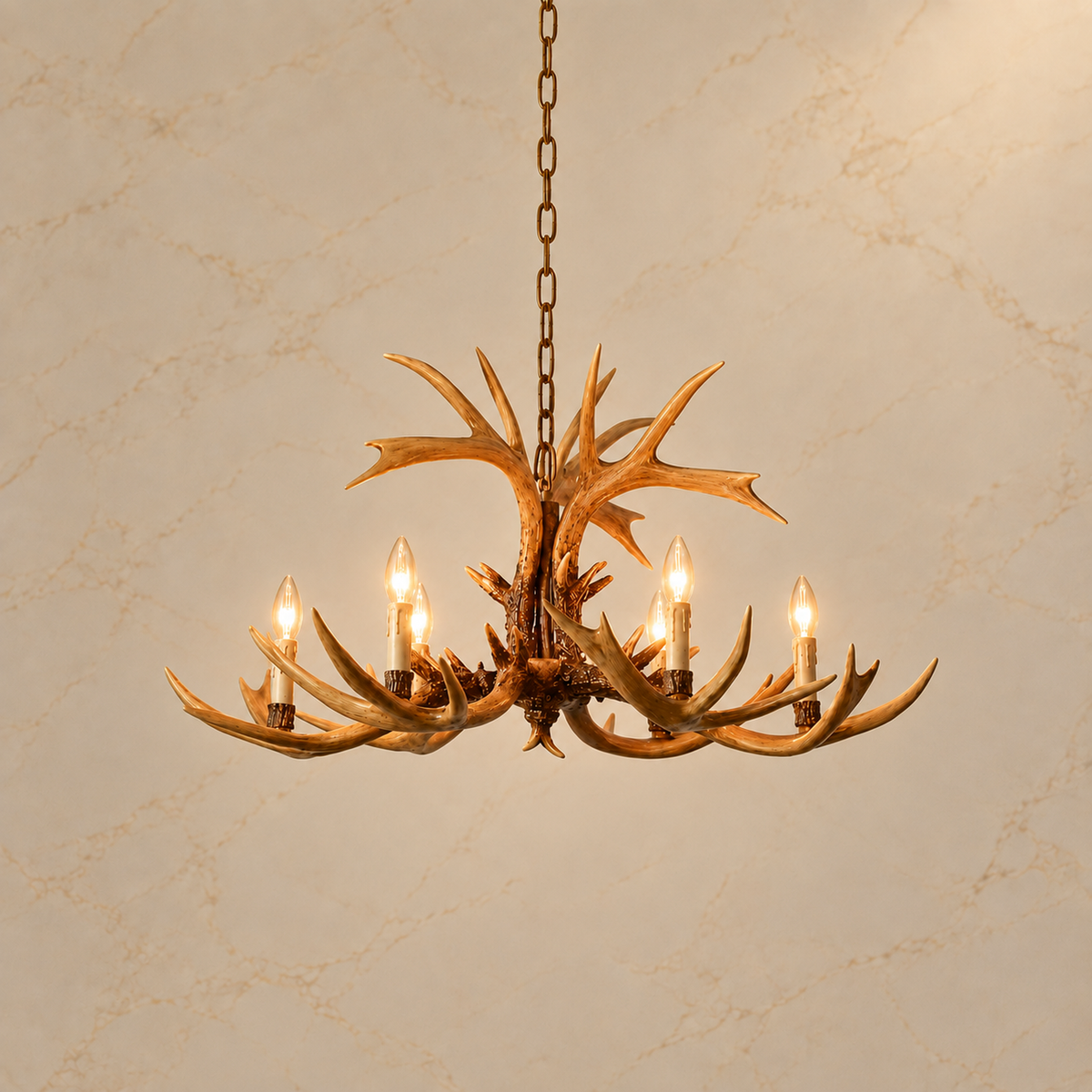 Cervan faux antler resin chandelier in beige, six lights on | CARRA HOME