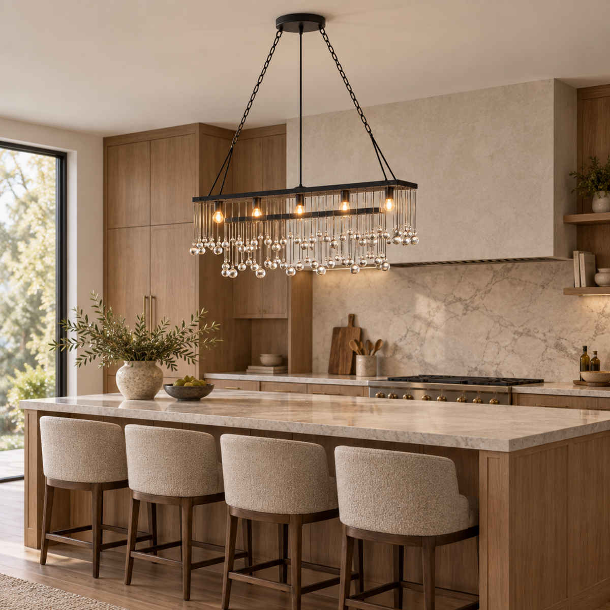 Black crystal ball linear chandelier above a kitchen island