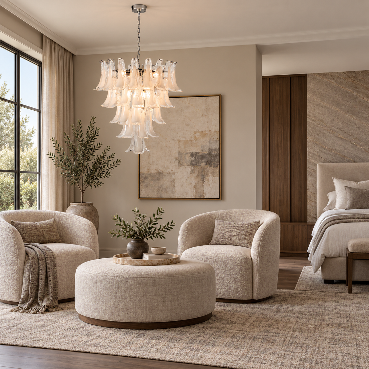 clear glass curved petal tiered chandelier bedroom sitting area scene