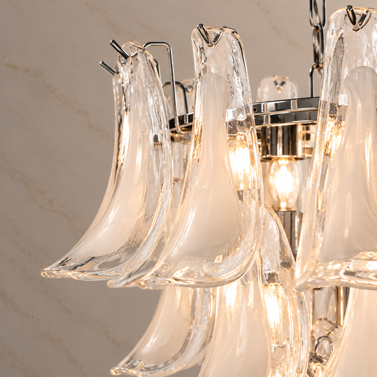 clear glass curved petal tiered chandelier body detail