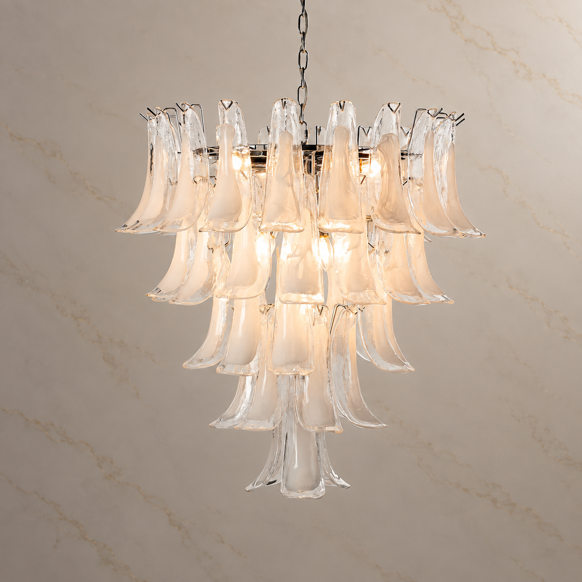 clear glass curved petal tiered chandelier chrome 66cm light on